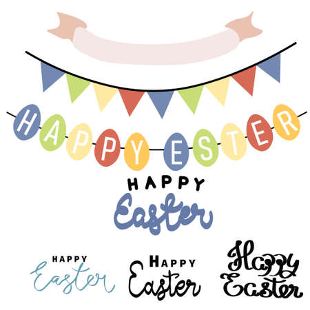 Easter set with holiday inscriptions and flags. Happy Easter greetings text. Design for title for the site ,banner, poster, card, paper print, postcard, backgroundのイラスト素材
