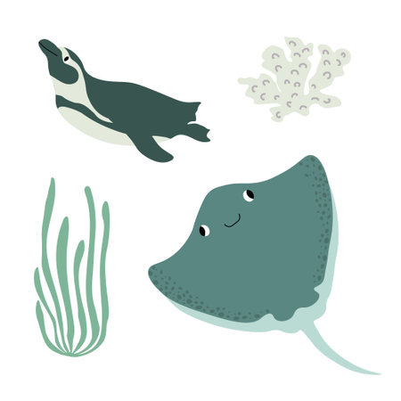 Cute vector ocean set with devilfish, penguin, algae, corals.Underwater cartoon creatures.Marine animals.Cute illustration for fabric, childrens clothing,book, postcard,wrapping paperのイラスト素材