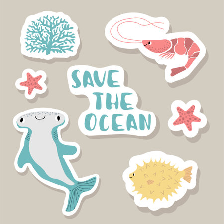 Cute vector stickers set with hammerhead fish,puffer fish,shrimp,seaweed,starfish.Underwater cartoon marine animals.Cute ocean illustration for fabric,childrens clothing,book,postcard,wrapping paperのイラスト素材