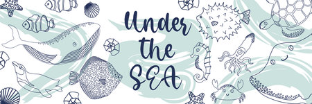 Vector ocean illustration with whale,penguin,fish,squid,seahorse,devilfish. Under the sea - modern lettering.Underwater marine animals.Ecology design for banner,flyer,postcard, website,t-shirt,posterのイラスト素材