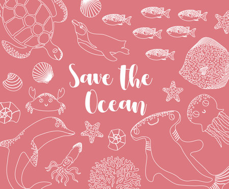 Vector ocean illustration with hammer fish,ellyfish,devil fish,penguin,crab.Save the Ocean - modern lettering.Underwater marine animals.Ecology design for banner,flyer,postcard, website design,posterのイラスト素材