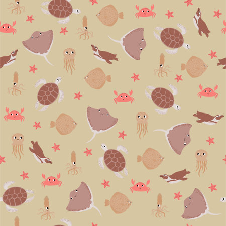 Vector seamless pattern with devilfish,crab,jellyfish,flounder,squid,penguin.Underwater cartoon creatures.Marine background.Cute ocean pattern for fabric, childrens clothing,textiles,wrapping paperのイラスト素材