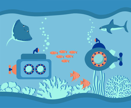 Vector ocean illustration with submarine, shark, devilfish, fish, algae, corals.Underwater marine animals.Ecology design for banner,flyer,postcard, website design,posterのイラスト素材