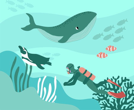 Vector ocean illustration with diver, penguin, clown fish, algae, corals.Underwater marine animals. Diving. Ecology design for banner,flyer,postcard, website design,posterのイラスト素材