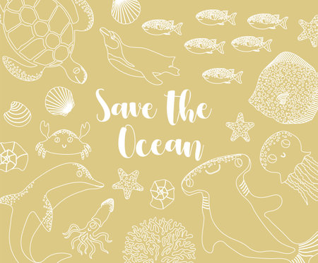 Vector ocean illustration with hammer fish,ellyfish,devil fish,penguin,crab.Save the Ocean - modern lettering.Underwater marine animals.Ecology design for banner,flyer,postcard, website design,posterのイラスト素材