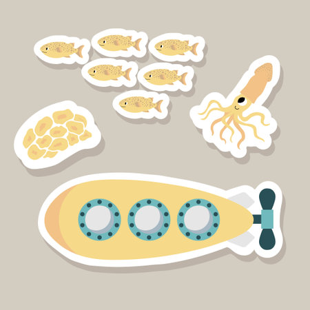 Cute vector stickers set with submarine, squid, fish, seaweed.Underwater cartoon creatures.Marine animals.Cute ocean illustration for fabric, childrens clothing,book, postcard,wrapping paperのイラスト素材