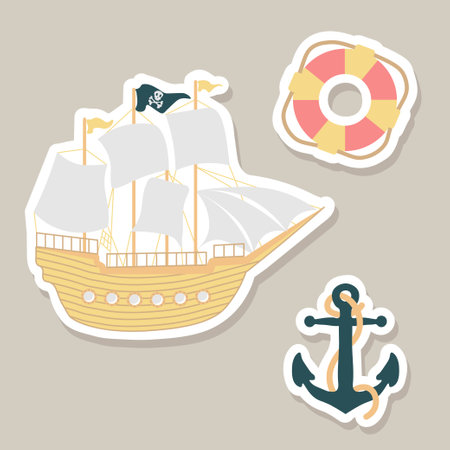 Cute vector stickers set with ship, lifebuoy, anchor.Underwater cartoon creatures.Marine animals.Cute ocean illustration for fabric, childrens clothing,book, postcard,wrapping paperのイラスト素材