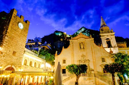 Square and church of Taormina by night. Sicily, Italyの写真素材