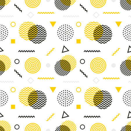 Memphis style seamless pattern, abstract doodle illustration with circles dots zigzag.