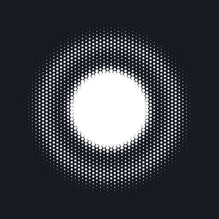Halftone dotted vector abstract background, dot pattern in circle shape. White comic isolated backdrop. Trendy design element for round banner or label.のイラスト素材