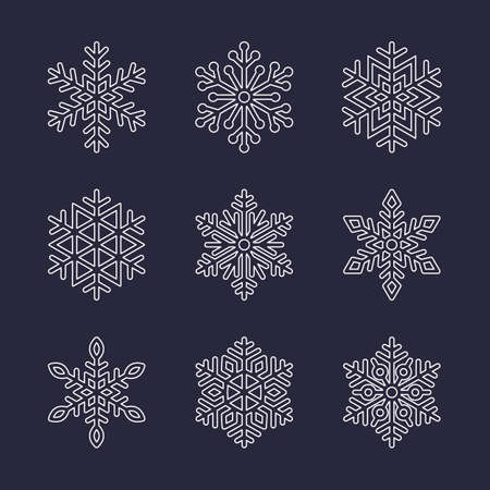Snowflake flat icons set. Collection of cute geometric snowflakes, stylized snowfall. Design element...