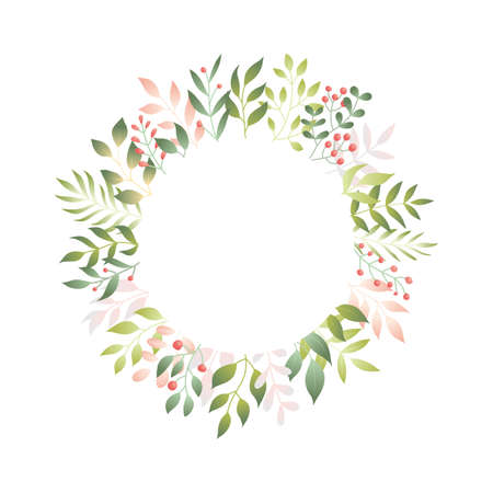 Vector illustration of spring leaves in flat style. Floral background with copy space for text, tender plants branches for poster, round banner, wedding card circle template.のイラスト素材