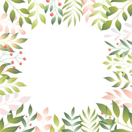 Vector illustration of spring leaves in flat style. Floral background with copy space for text, tender plants branches for poster, banner, wedding card template.のイラスト素材