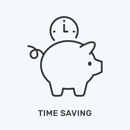Time saving line icon. Vector illustration of piggy and clock. Black outline pictogram for personal managementのイラスト素材