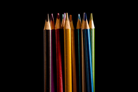 Set beautiful black, colored pencils of colored pencils on black background. Soon to school. Back to...