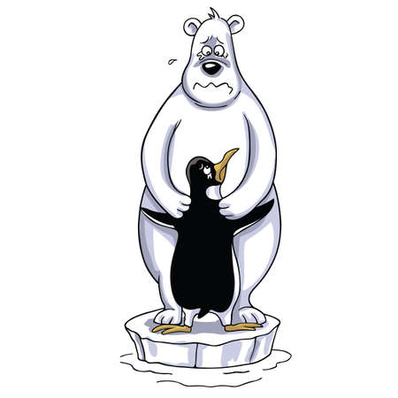 Polar Bear Hugging Penguin Cartoon, Sad Polar Sceneのイラスト素材
