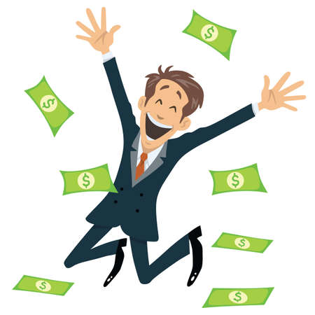 Successful Businessman Smiling And Jumping With Money Fly Awayのイラスト素材