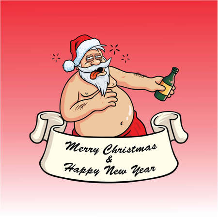 Drunk Santa Claus Drinking Booze. Christmas Greeting Card Vector on Blue Backgroundのイラスト素材