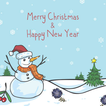 Snowman Christmas Greeting Card Cute Cartoon Vector Illustrationのイラスト素材