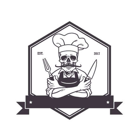 Dead Skull Chef Grinning with Fork, Knive, and Hat. Restaurant Logo Template. Hexagon Vector Drawingのイラスト素材