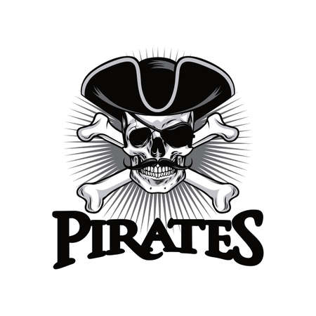 Pirate Skull With Mustache Cross Bones Hat And Eyepatch Logo Design Vector Illustrationのイラスト素材