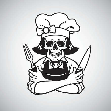 Dead Lady Skull Chef Logo Grinning with Fork, Knive, and Hat. Vector Drawingのイラスト素材