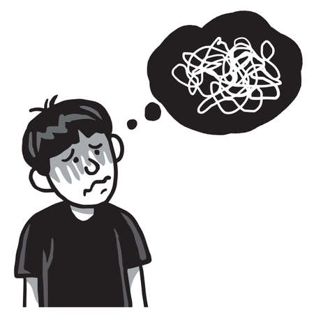Overthinking Man Doodle Drawing Over  Pandemic World Health Crisis. Vector Illustrationのイラスト素材