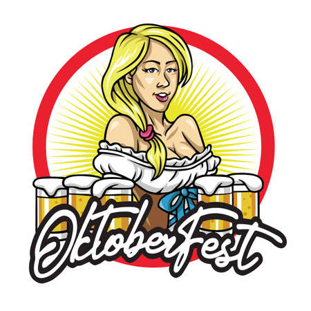 Oktoberfest Sexy Girl Holding The Beers Vector Cartoon Logo Template Illustrationのイラスト素材