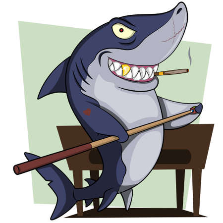 Cartoon shark playing billiard illustrationのイラスト素材
