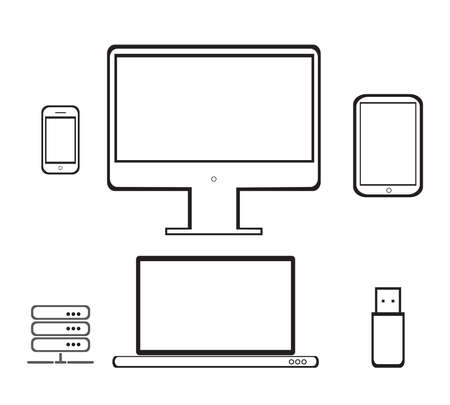 Desktop computer, laptop, tablet and mobile phone.Vector illustration of the icons of the electronics.のイラスト素材