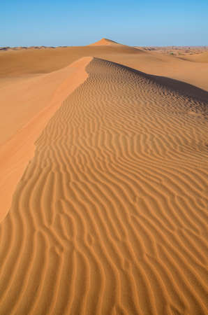 Dunes in the desert.Arid desolate landscape.Footprints in the sand.Structure of waves in the desert sand.Waves of orange sand on top of the dunes.の写真素材