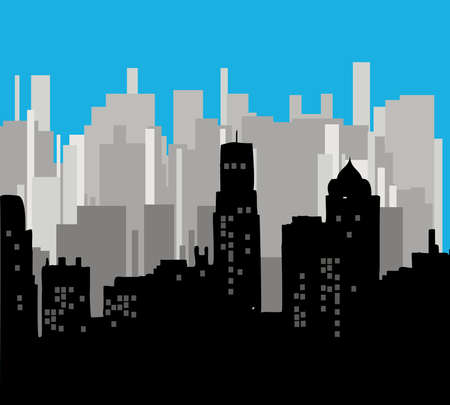 Night city vector illustration.Vector black Skyscrapers silhouette.Dark urban scape. Modern cityscape in flat style.Skyline abstract background.の写真素材