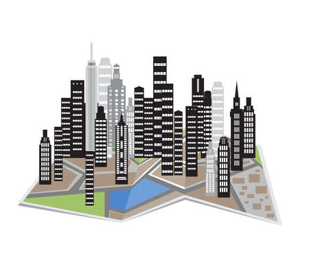 City and town illustration.Vector icons of buildings.Modern urban quarter with skyscrapers, offices, residential buildings.Modern City View. Cityscape with office and residential buildings, trees, road.の写真素材