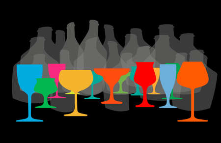 Vector set of bottles for alcohol.Wine list.Bottle background.Glasses for alcoholic drinks.Design for cocktail party.の写真素材
