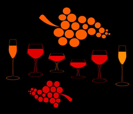 A bunch of grapes.Vector set of bottle for alcohol.Wine list.Bottle background.Glasses for alcoholic drinks.Design for cocktail party.  の写真素材