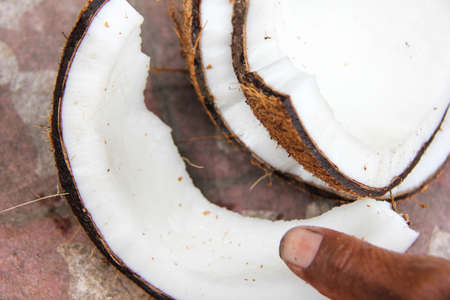 photo of coconut with white contents and brown skin