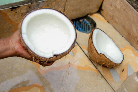 photo of coconut contents with white contents and brown skin