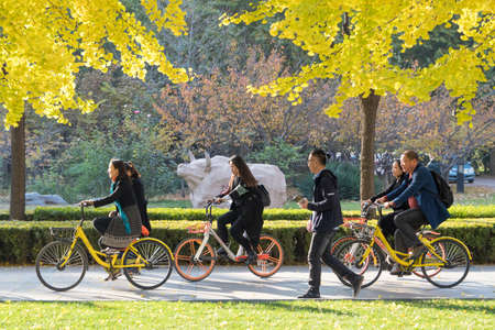 Riding share bike in the campusのeditorial素材