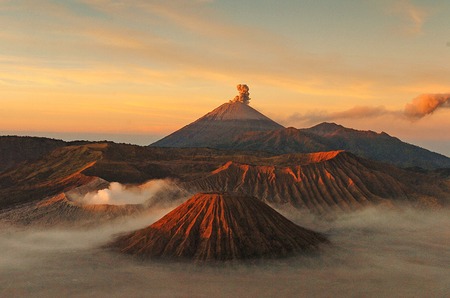 Volcanos Mount Semeru and Mount Bromo in East Java Indonesia Southeast Asia.の写真素材