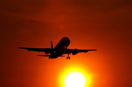 plane in silhouette at Juanda airport East Java Indonesiaの写真素材
