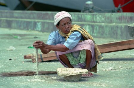 An elderly woman scavenging rice scattered in Sunda Kelapa Port in Jakarta, Indonesiaのeditorial素材