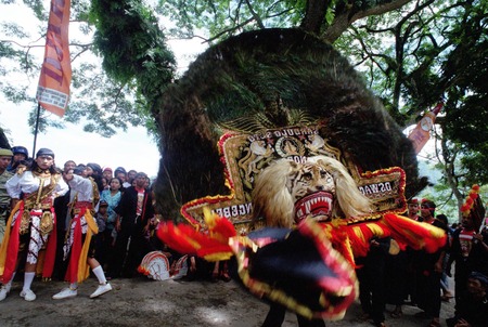 Performance traditional dance Reog Ponorogo in Ngebel lake, Ponorogo, East Java, Indonesia