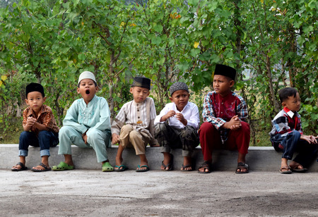 Childrens after Eid prayers at the village mosque Sekaran, Ponorogo, Indonesiaのeditorial素材