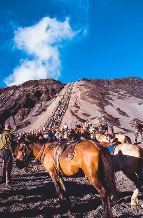 horse riding sellers waiting for their customers near the crater of Mount Bromo, East Java, Indonesia on July 13, 2004のeditorial素材