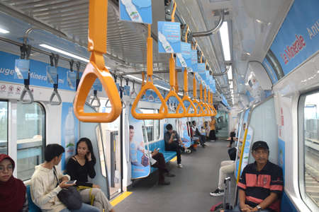 Jakarta, Indonesia 24 July 2019: The atmosphere inside the MRT train from Grab Lebak Bulus Station...