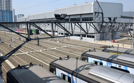 Jakarta, Indonesia - July 25, 2019: MRT trains parking at the Lebak Bulus Grab Station. The MRT is...