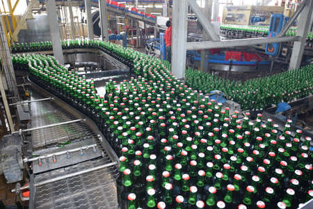Mojokerto, East Java, Indonesia - April 9, 2015: Production room atmosphere in PT Multi Bintang Indonesia Tbk breweries and bottling facilities in Trawas, Mojokerto, East Java, Indonesiaのeditorial素材