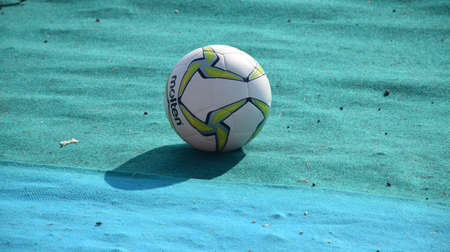 Madura United players warm up with a ball to be used in the Indonesian League match at the Gelora Madura Pamelingan Stadium in Pamekasan, Madura, Indonesia on June 27, 2019.のeditorial素材
