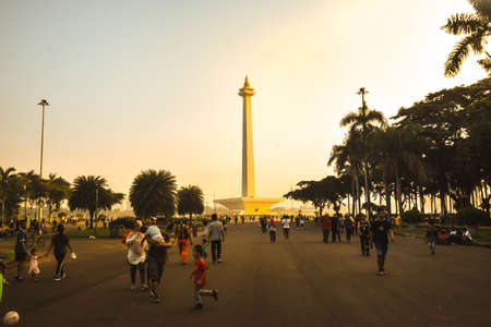 Jakarta, Indonesia - January 19, 2020: Sunday morning is car-free day in National Monument in...