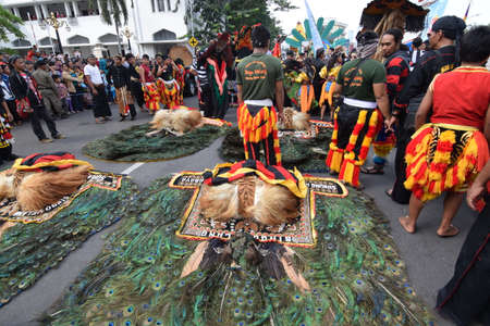 Reog Ponorogo performed at a cultural parade at a celebration to commemorate the 724th anniversary...